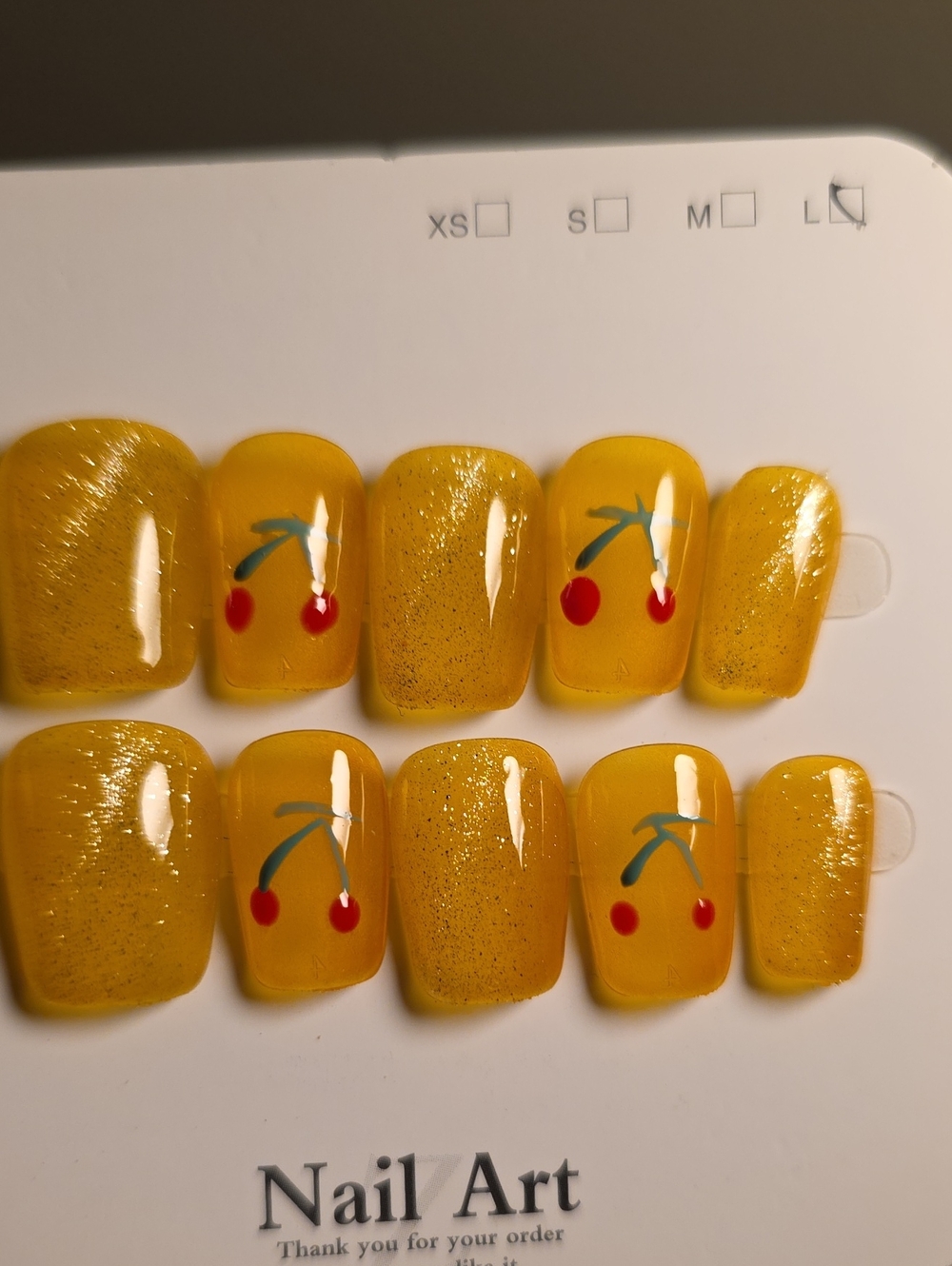 Press-On Nails in Yellow with Cherry Design Size Large